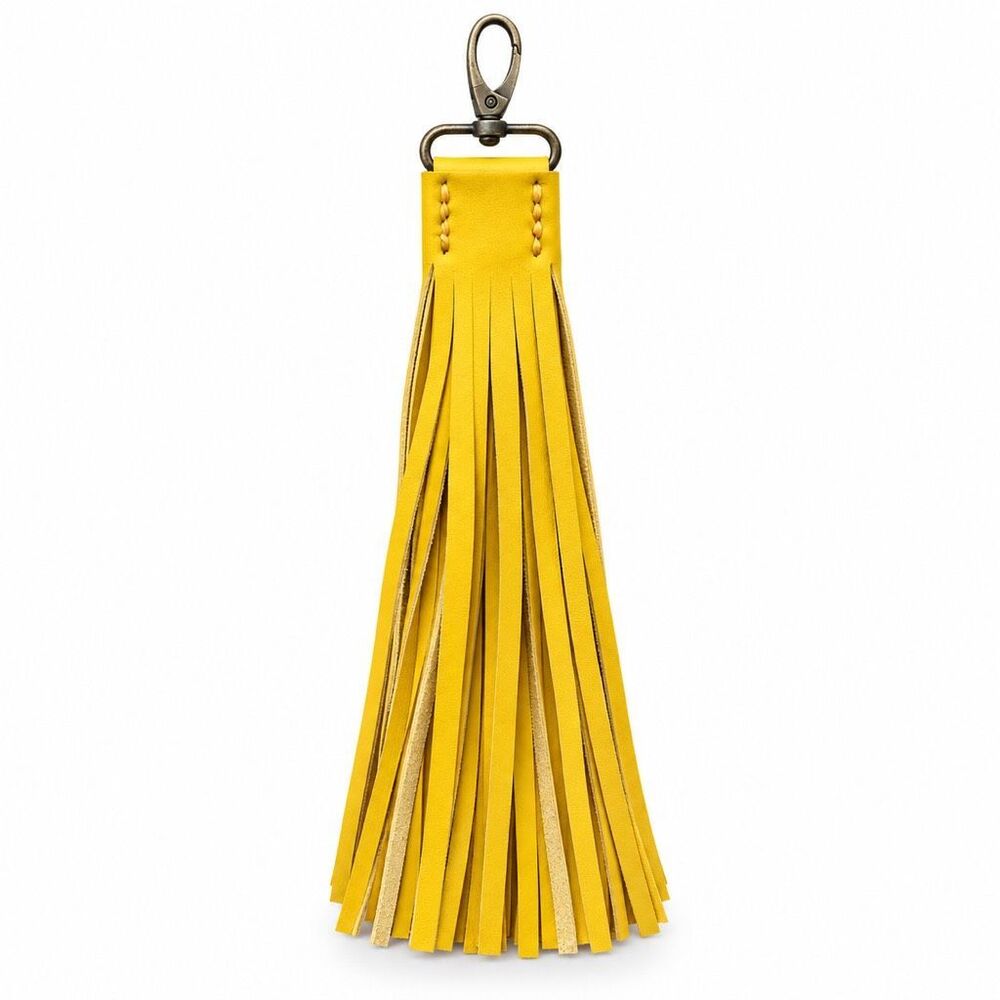 Handmade Yellow Full Grain Leather Tassel Bag Charm Keychain Antique Brass 12in